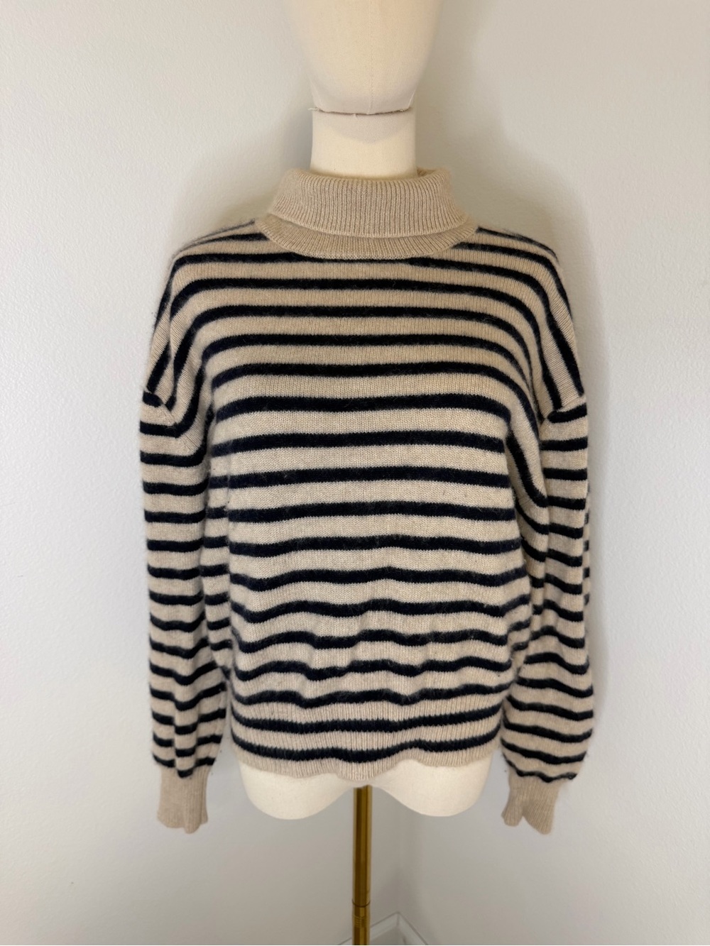 Demylee Striped Turtleneck Sweater in Cream and Navy Blue 100% Cashmere Size Sm